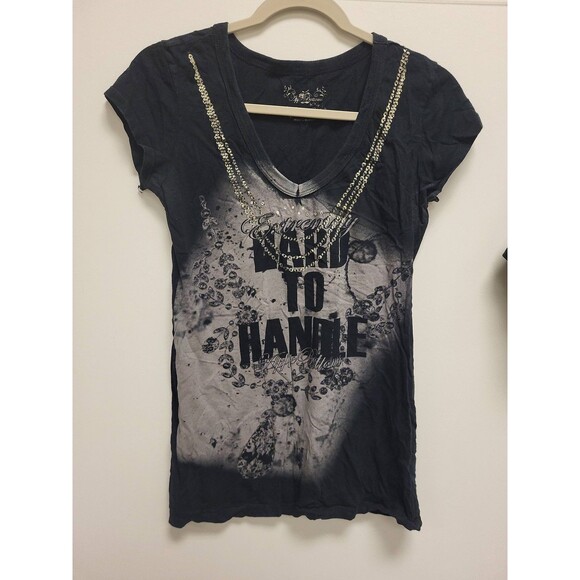 Apple Bottoms Hard to Handle T Shirt Womens L V Neck Graphic Rhinestone Top - Picture 1 of 9